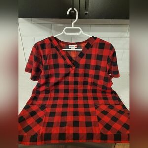 Scrubs black and red checked top and black pants size Large